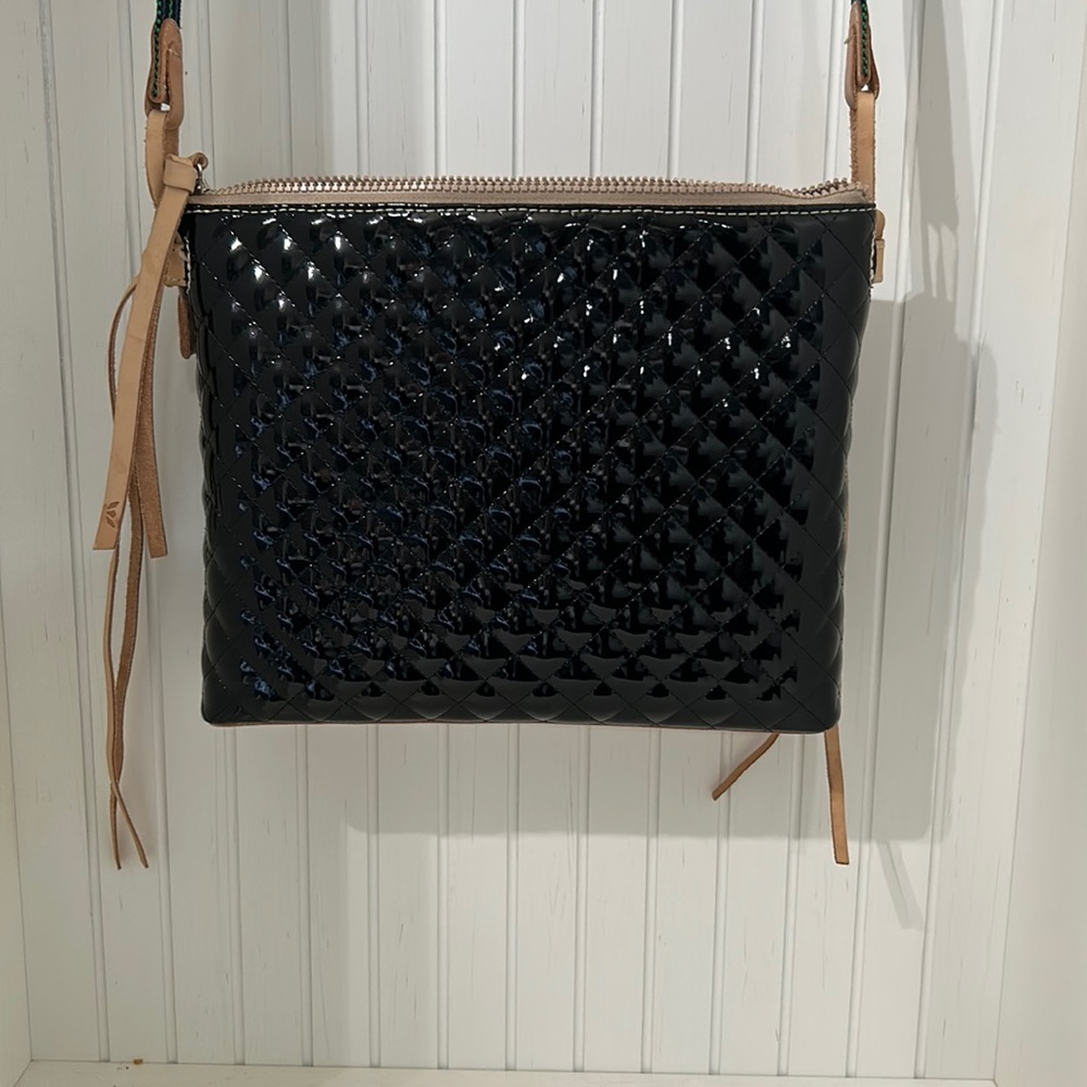 Consuela Black Quilted Patent Crossbody with Tan Strap